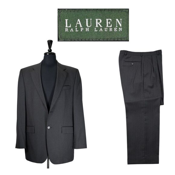 Ralph Lauren Mens 2 Piece Suit 40L Blazer 32x32 Pants Gray Blue Stripe Jacket